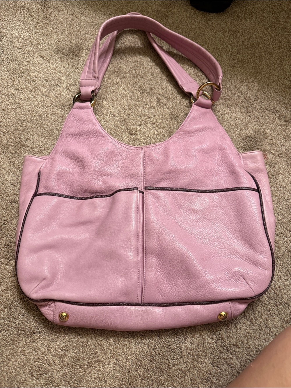 Blush Pink Leather Shoulder Tote with Contrast Piping